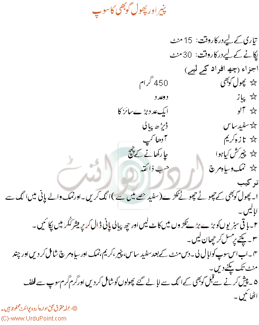 Paneer Aur Phool Gobi Ka Soup Recipe In Urdu