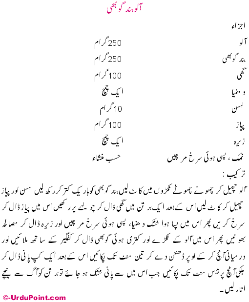 Aloo Band Gobi Recipe In Urdu