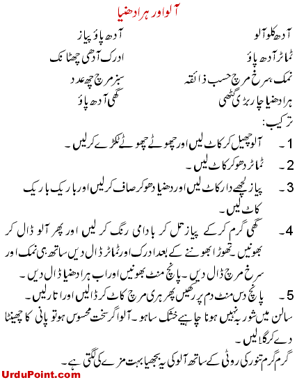 Aloo Aur Hara Dhaniya Recipe In Urdu
